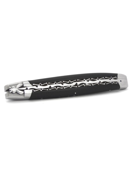 Laguiole pliant 13 cm, lame seule, doubles platines ciselées, ébène