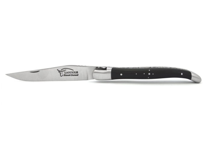 Laguiole pliant 13 cm, lame seule, doubles platines ciselées, ébène
