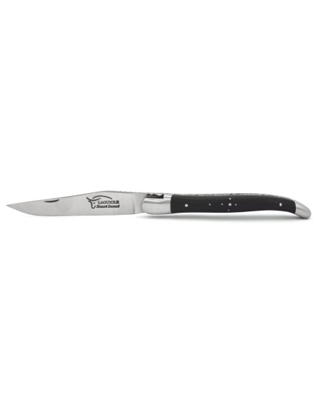Laguiole pliant 13 cm, lame seule, doubles platines ciselées, ébène