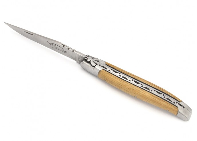 Laguiole pocket knife, 12 cm, forged bee, barrel oak wood handle & black spacer, matt bolsters