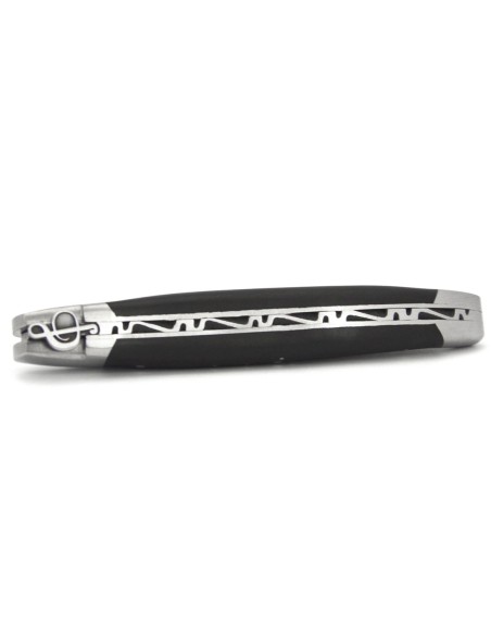 Laguiole pliant 12 cm, clef de sol, lame seule, manche en ébène avec finition inox mat
