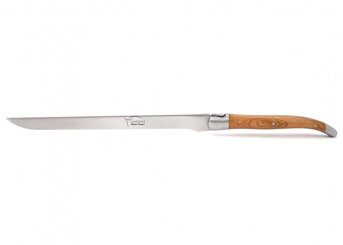 Laguiole foie-gras knife, wide olivewood handle with with matt stainless steel bolsters