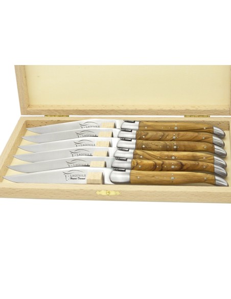 Laguiole steak knives with shiny stainless steel bolsters. Slim olive wood handles
