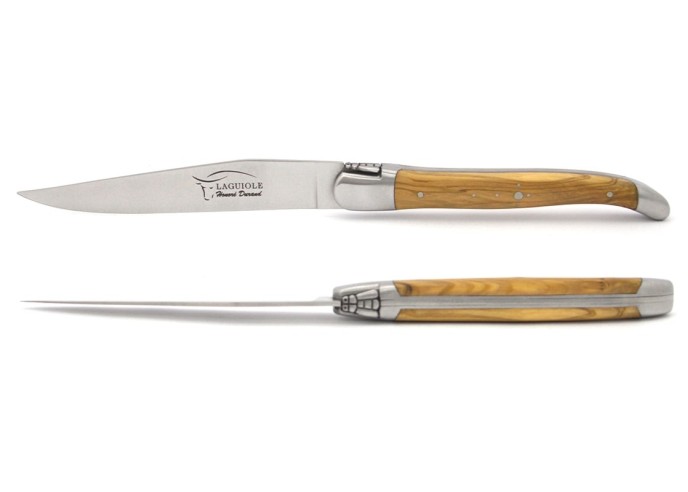 Laguiole steak knives with shiny stainless steel bolsters. Slim olive wood handles
