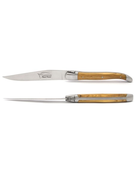 Laguiole steak knives with shiny stainless steel bolsters. Slim olive wood handles