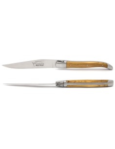 Laguiole steak knives with shiny stainless steel bolsters. Slim olive wood handles