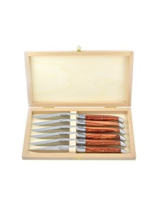 Laguiole Steakmesser, Heftbacken aus glanzendem Edelstahl, breiterer Griff aus Rosenholz
