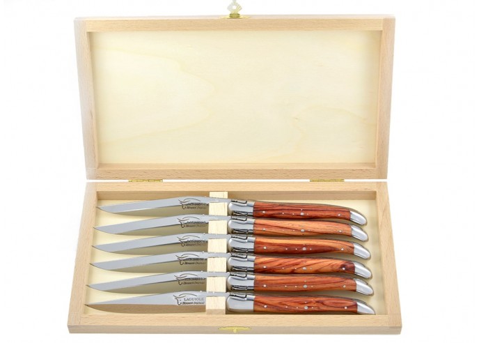 Laguiole Steakmesser, Heftbacken aus glanzendem Edelstahl, breiterer Griff aus Rosenholz