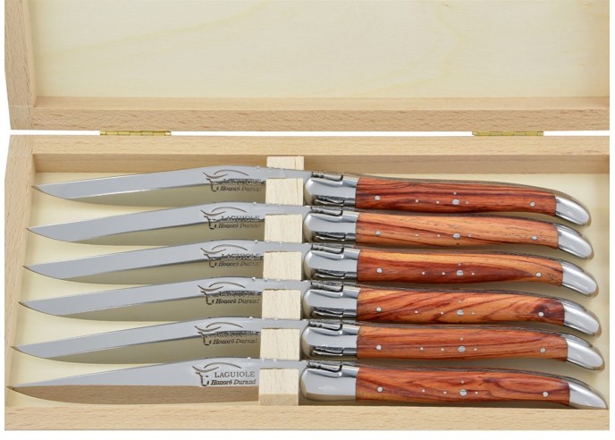 Coffret de couteaux de table de Laguiole avec mitres inox brillant, manche galbé en bois de rose