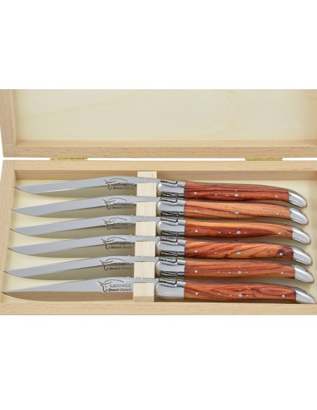 Coffret de couteaux de table de Laguiole avec mitres inox brillant, manche galbé en bois de rose
