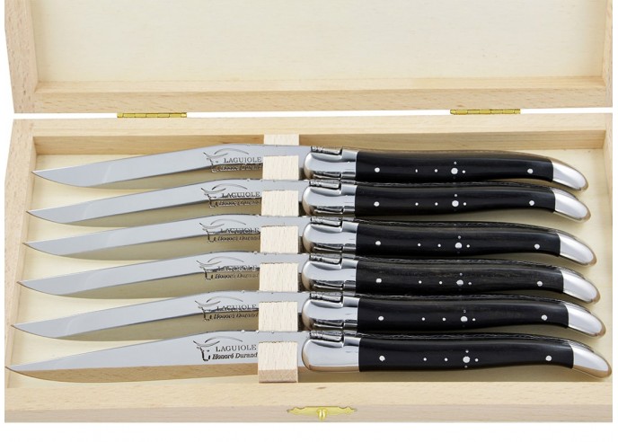 Laguiole Steakmesser, Heftbacken aus glanzendem Edelstahl, breiterer Griff aus Ebenholz