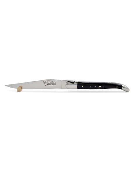 Laguiole steak knives with shiny stainless steel bolsters. Wide ebony wood handles