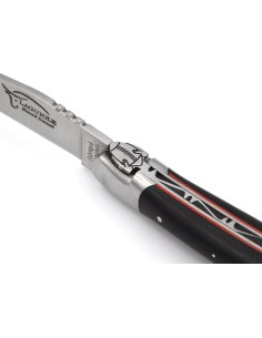Laguiole pliant 12 cm, ballon de rugby, lame seule, manche en ébène avec intercalaires rouges, finition inox mat 2