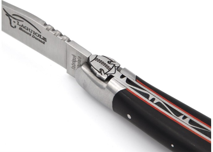 Laguiole pocket knife, 12 cm, rugby ball, ebony handle with matt  bolsters and red vulcanized fiber