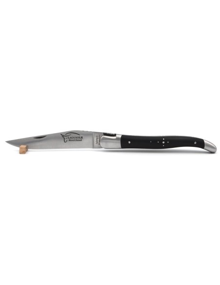 Laguiole pocket knife, 12 cm, rugby ball, ebony handle with matt  bolsters and red vulcanized fiber