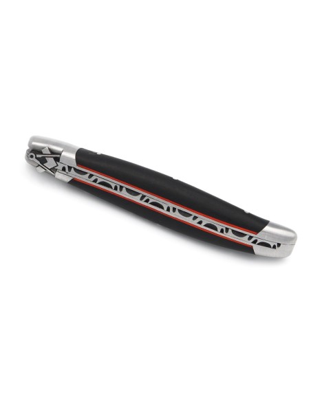 Laguiole pliant 12 cm, franc-maçon, lame seule, manche en ébène et intercalaires rouges avec finition inox mat