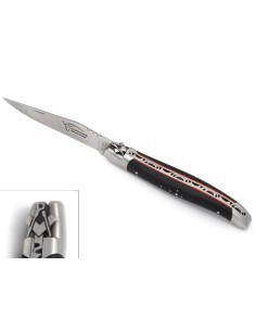 Laguiole pliant 12 cm, franc-maçon, lame seule, manche en ébène et intercalaires rouges avec finition inox mat