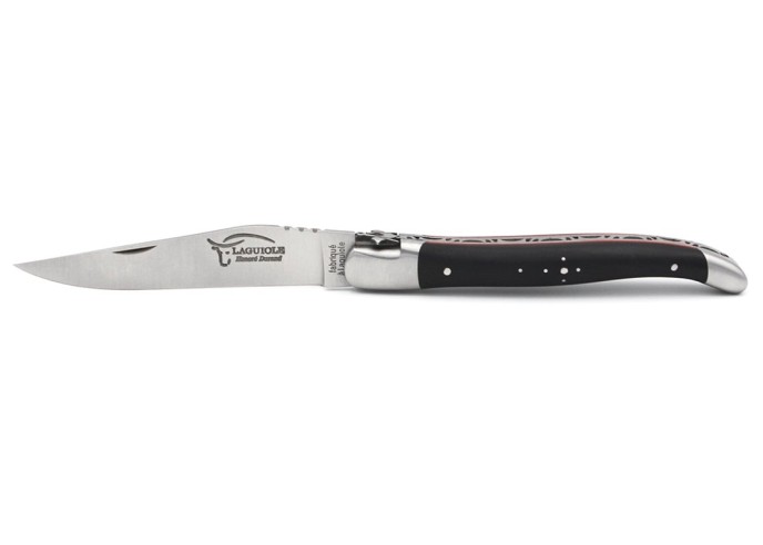 Laguiole pliant 12 cm, franc-maçon, lame seule, manche en ébène et intercalaires rouges avec finition inox mat
