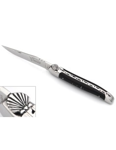 Laguiole pliant 12 cm, coquille Saint-Jacques, lame seule, manche en pointe de corne foncée avec finition inox brillant