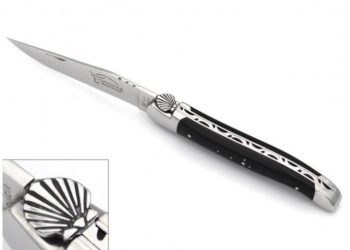 Laguiole folding 12 cm, Saint Jacques shell, blade only, shiny stainless bolsters, horn tip handle