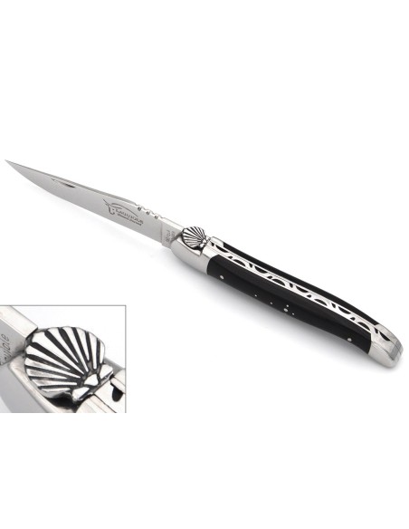 Laguiole folding 12 cm, Saint Jacques shell, blade only, shiny stainless bolsters, horn tip handle