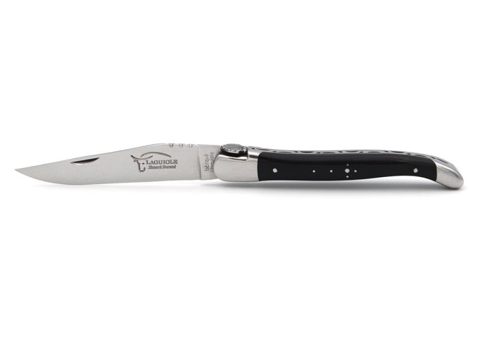 Laguiole folding 12 cm, Saint Jacques shell, blade only, shiny stainless bolsters, horn tip handle