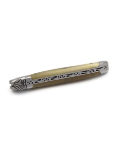 Laguiole pliant 12 cm, coquille Saint-Jacques, lame seule, manche en pointe de corne foncée avec finition inox brillant 2