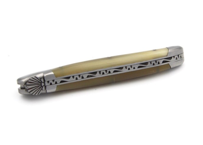 Laguiole folding 12 cm, Saint Jacques shell, blade only, shiny stainless bolsters, pale horn tip handle