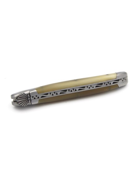 Laguiole folding 12 cm, Saint Jacques shell, blade only, shiny stainless bolsters, pale horn tip handle
