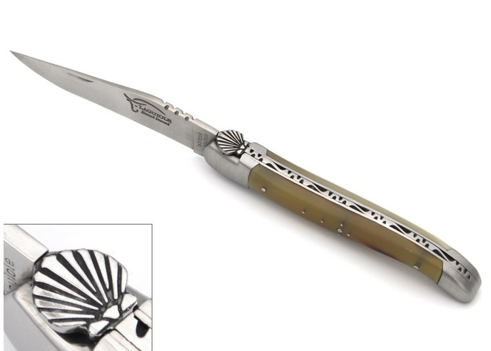 Laguiole folding 12 cm, Saint Jacques shell, blade only, shiny stainless bolsters, pale horn tip handle