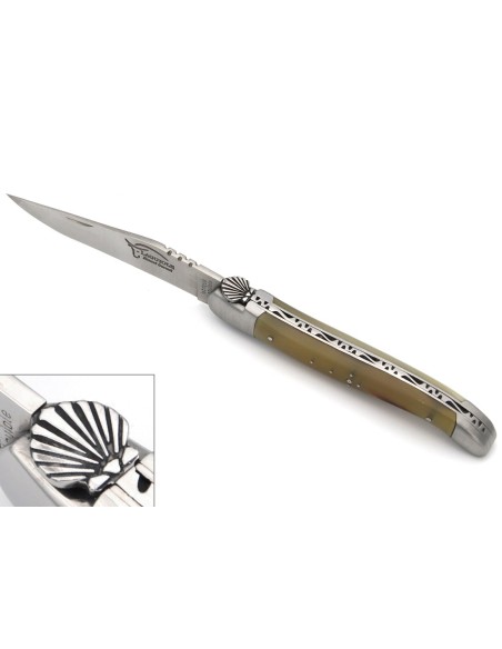 Laguiole folding 12 cm, Saint Jacques shell, blade only, shiny stainless bolsters, pale horn tip handle