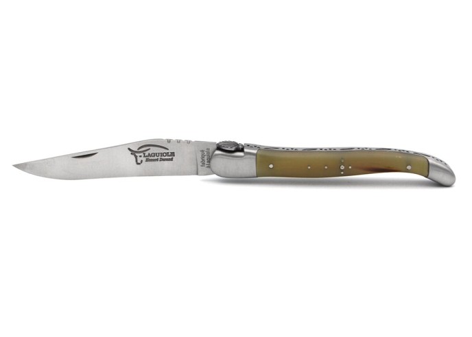 Laguiole folding 12 cm, Saint Jacques shell, blade only, shiny stainless bolsters, pale horn tip handle