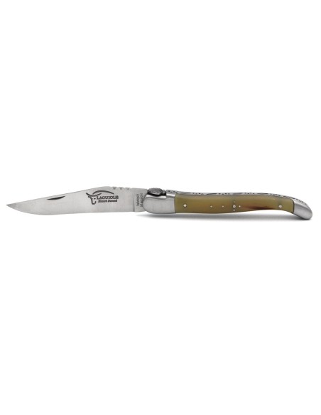 Laguiole pliant 12 cm, coquille Saint-Jacques, lame seule, manche en pointe de corne foncée avec finition inox brillant