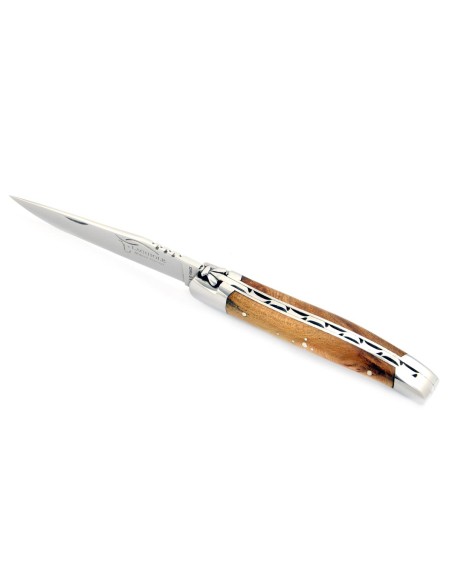 Laguiole pliant, 10 cm, lame seule, abeille forgée, mitres inox brillant, manche en bois d'orme