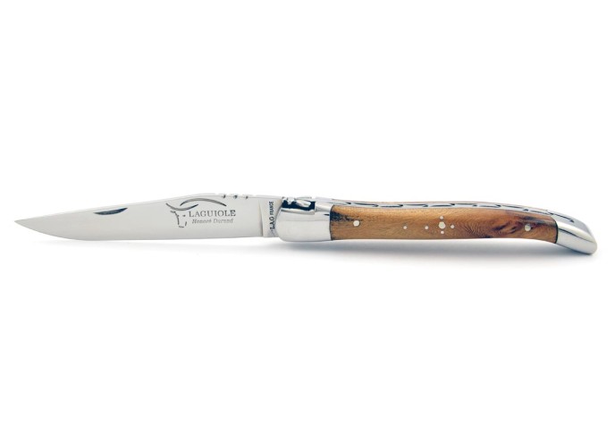 Laguiole pliant, 10 cm, lame seule, abeille forgée, mitres inox brillant, manche en bois d'orme