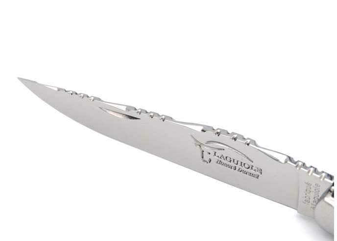 Laguiole pliant 12 cm, abeille forgée, lame seule, ciselé dessus dessous, manche abalone avec finition inox brillant