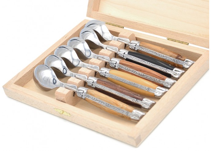Laguiole teaspoons with shiny stainless steel bolsters. Wide various wood handles