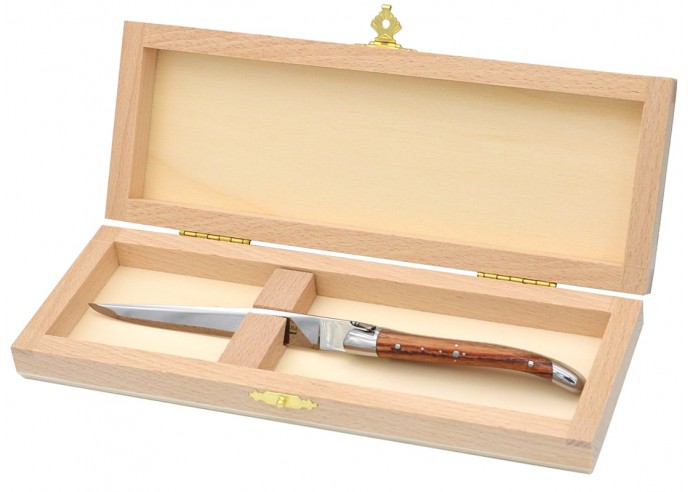 Letter opener, shiny stainless steel bolsters, rosewood handle
