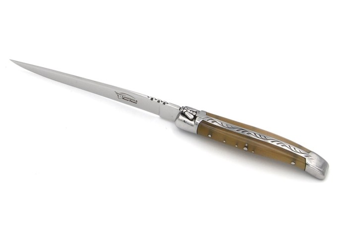 Ouvre-lettres et coupe-papier, finition prestige, mitres inox brillant, manche pointe de corne (claire)
