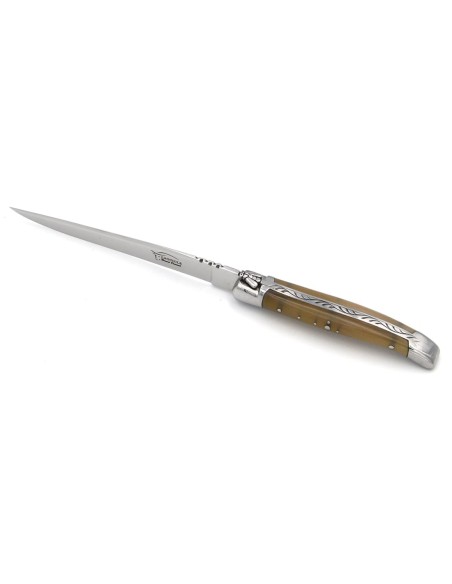 Letter opener, shiny stainless steel bolsters, horn tip handle