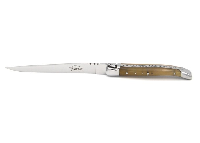 Letter opener, shiny stainless steel bolsters, horn tip handle