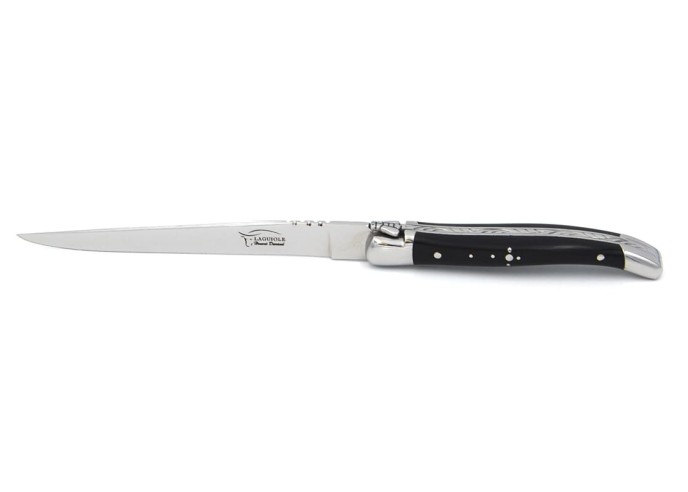 Ouvre-lettres et coupe-papier, finition prestige, mitres inox brillant, manche pointe de corne (foncée)