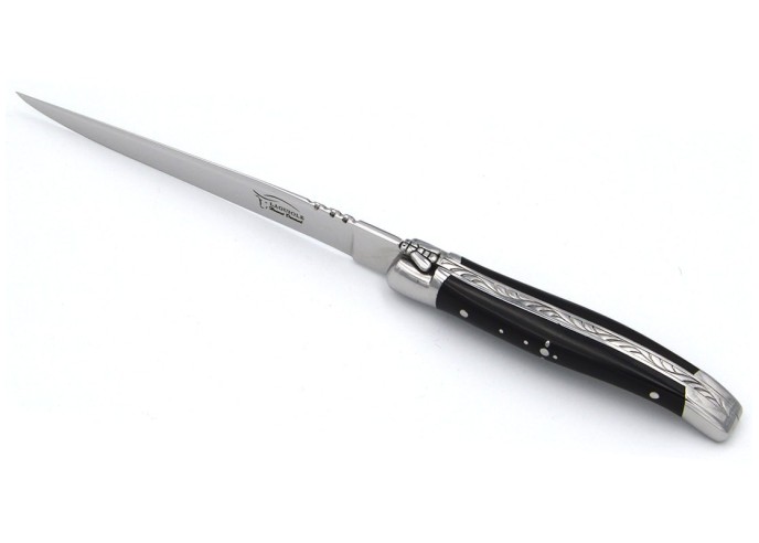 Letter opener, shiny stainless steel bolsters, dark horn tip handle