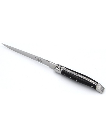 Letter opener, shiny stainless steel bolsters, dark horn tip handle