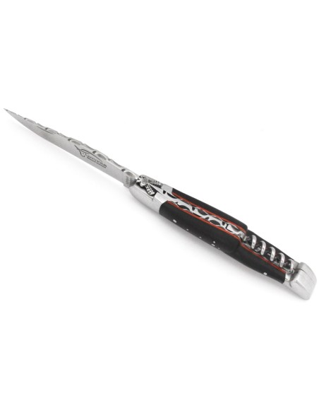 Laguiole pliant 12 cm, abeille classique n°2, lame & tire-bouchon, ciselé dessus dessous, ébène & intercalaires rouges, inox mat