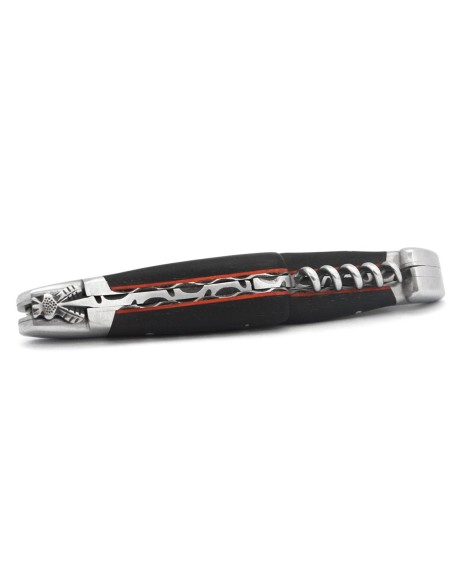Laguiole pliant 12 cm, abeille classique n°2, lame & tire-bouchon, ciselé dessus dessous, ébène & intercalaires rouges, inox mat