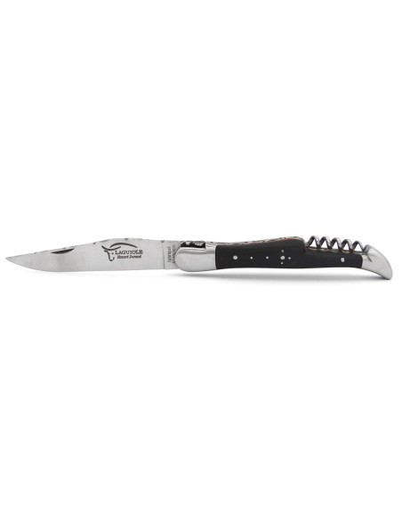 Laguiole pliant 12 cm, abeille classique n°2, lame & tire-bouchon, ciselé dessus dessous, ébène & intercalaires rouges, inox mat