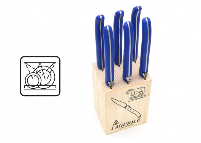 Bloc de 6 couteaux de table de Laguiole, acrylique POM bleu, lavables en machine