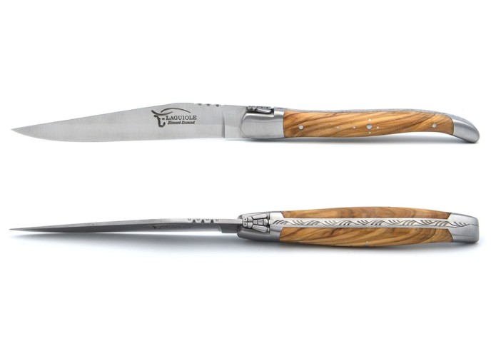 Coffret de couteaux de table de Laguiole avec mitres inox mat, manche galbé en bois d'olivier