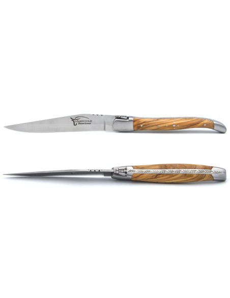 Coffret de couteaux de table de Laguiole avec mitres inox mat, manche galbé en bois d'olivier